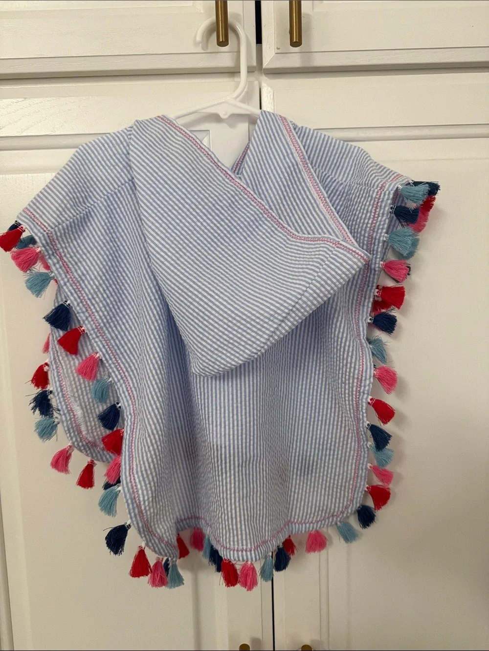 Mud Pie Light Blue Seersucker Hooded Poncho with Multicolor Tassels